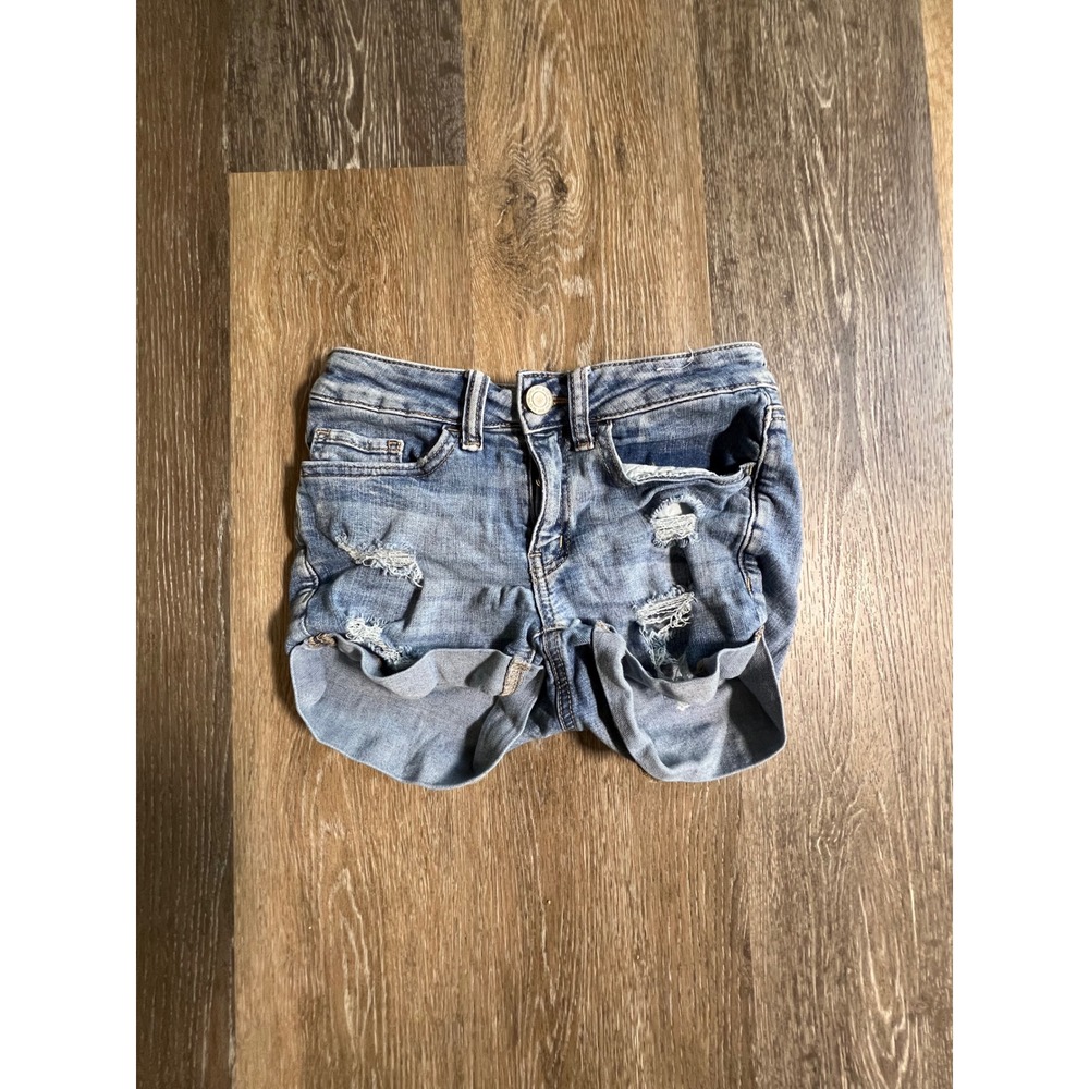SO Favorite Shortie Denim Shorts Women Size 0 Blue Good Distressed Low Rise